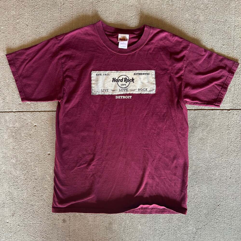 Burgundy Hard Rock Cafe Detroit graphic tee, embroidered